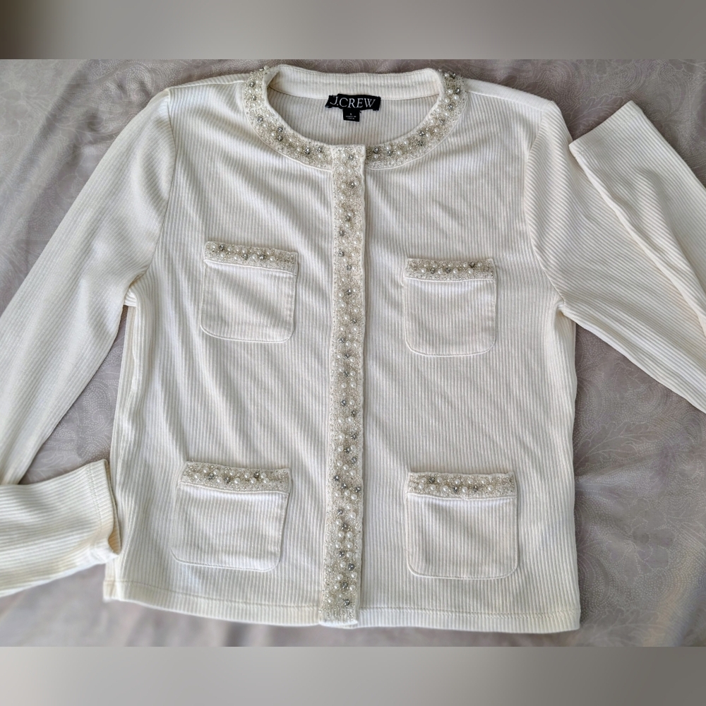 J. Crew Cream Cardigan with Embellished Trim Easter Chic